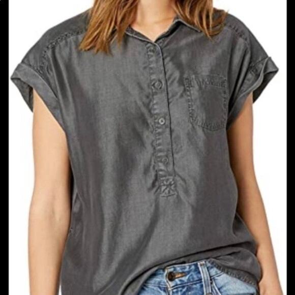 PrAna Gray Chambray Azul Cap Sleeve 1/2 Button Blouse Women's Size Small - Picture 1 of 10